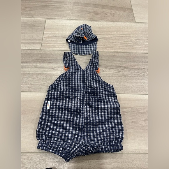 GYMBOREE Rainbow Tag VINTAGE SPORTS Blue Gingham Football Shortalls XSMALL Cap - Picture 5 of 7